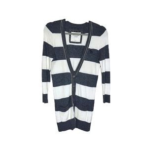 Abercrombie Stripe Cardigan 3/4 Long Sleeve V Neck + Pockets Grey White M